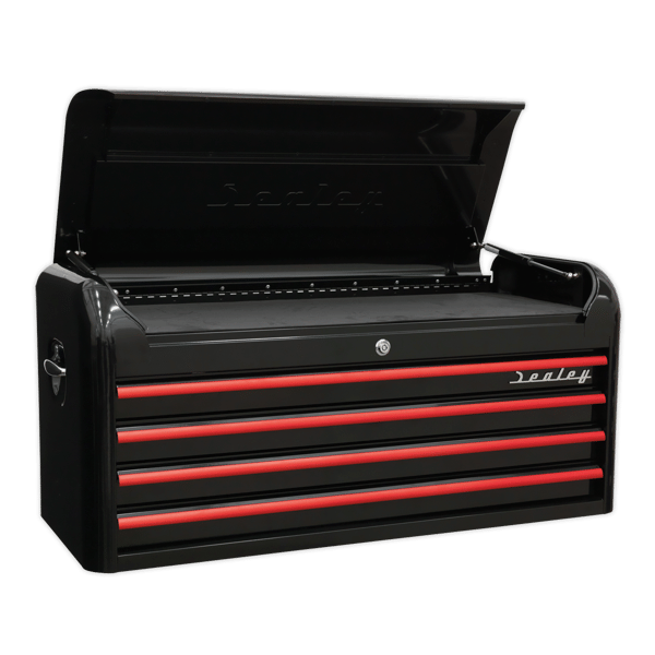 Retro Style Wide Topchest 4 Drawer - Black with Red Anodised Drawer Pulls