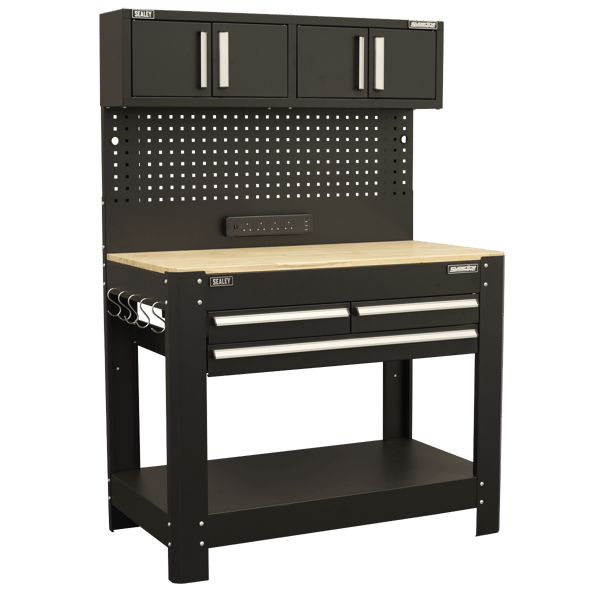Superline PRO® Workbench with Pegboard Back Panel, Power Bar & Wooden Worktop