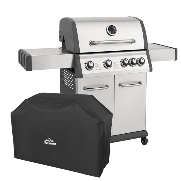 4+1 Burner Deluxe Gas BBQ Grill with Piezo Ignition & Thermometer & Cover - Stainless Steel