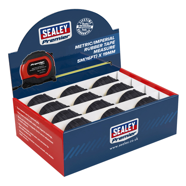 Metric/Imperial Rubber Tape Measure 5m(16ft) x 19mm - Display Box of 12
