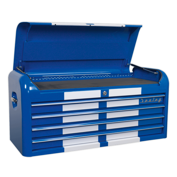 Retro Style Wide Topchest 4 Drawer - Blue with White Stripes
