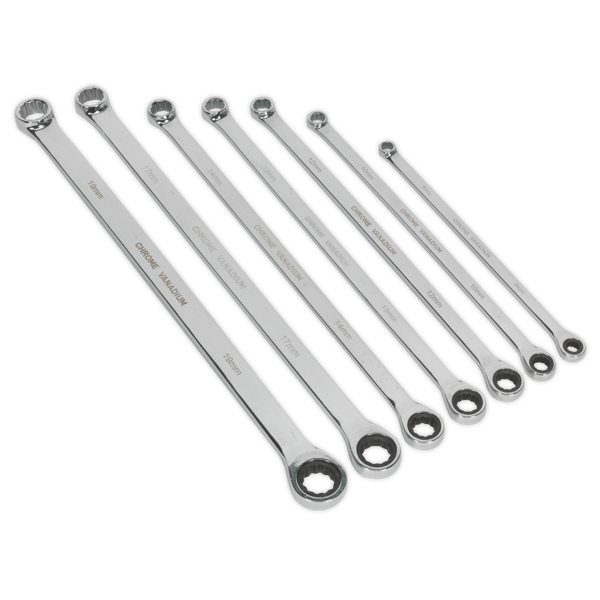 Extra-Long Double Ring Ratchet/Fixed Spanner Set 7pc